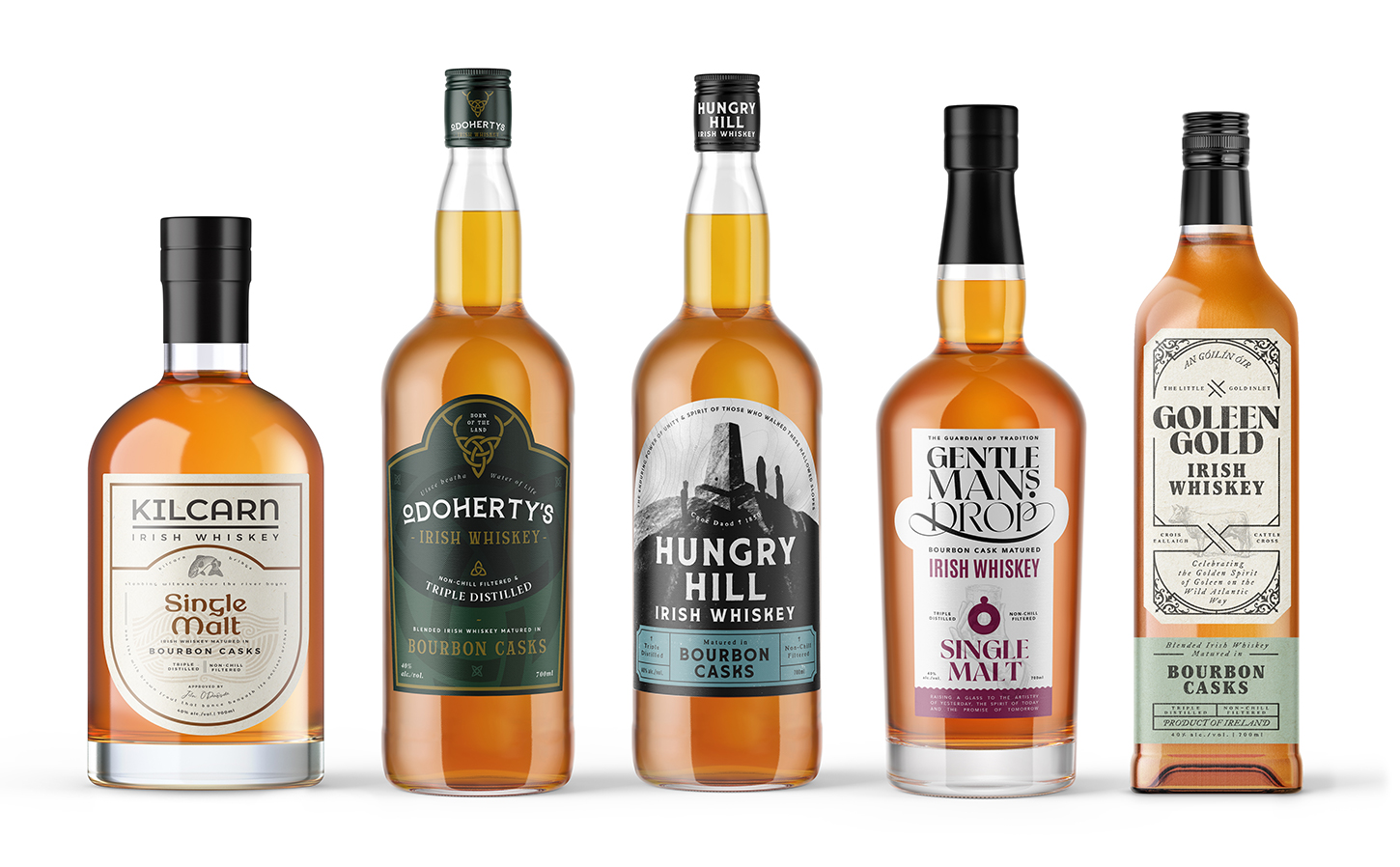 Range of private label Irish whiskey bottles